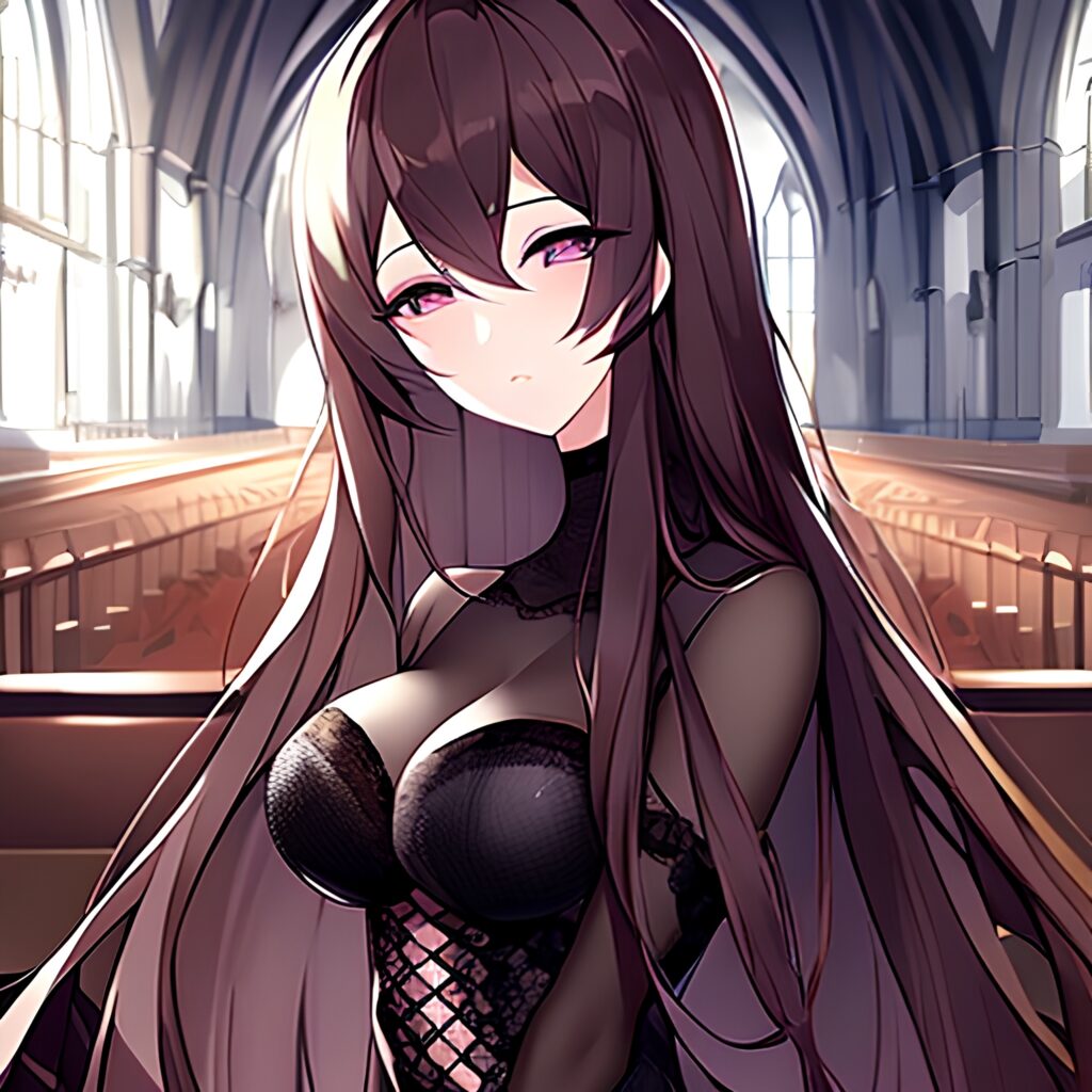 church woman fishnet brunette long hair messy hair 