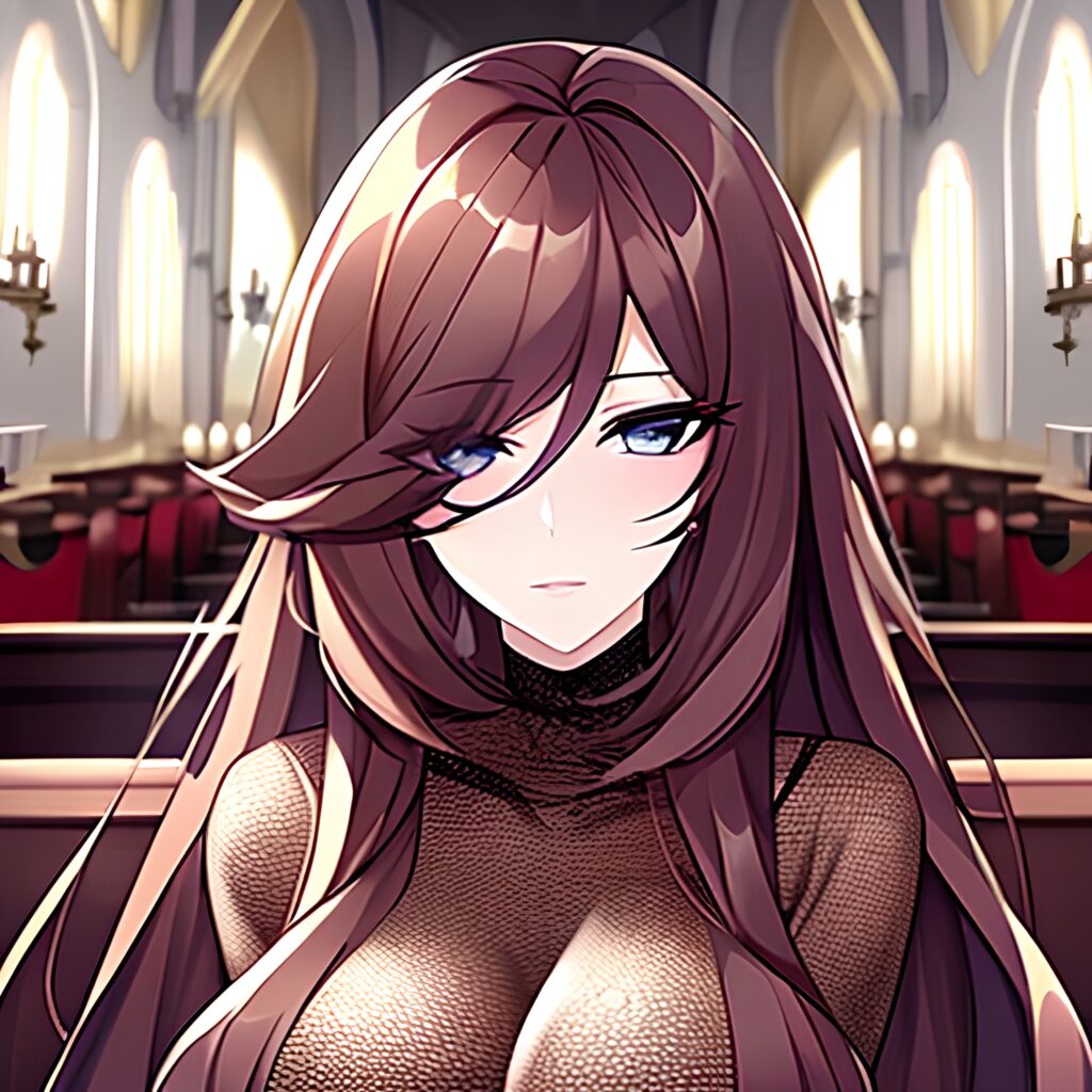 church woman fishnet brunette long hair messy hair 