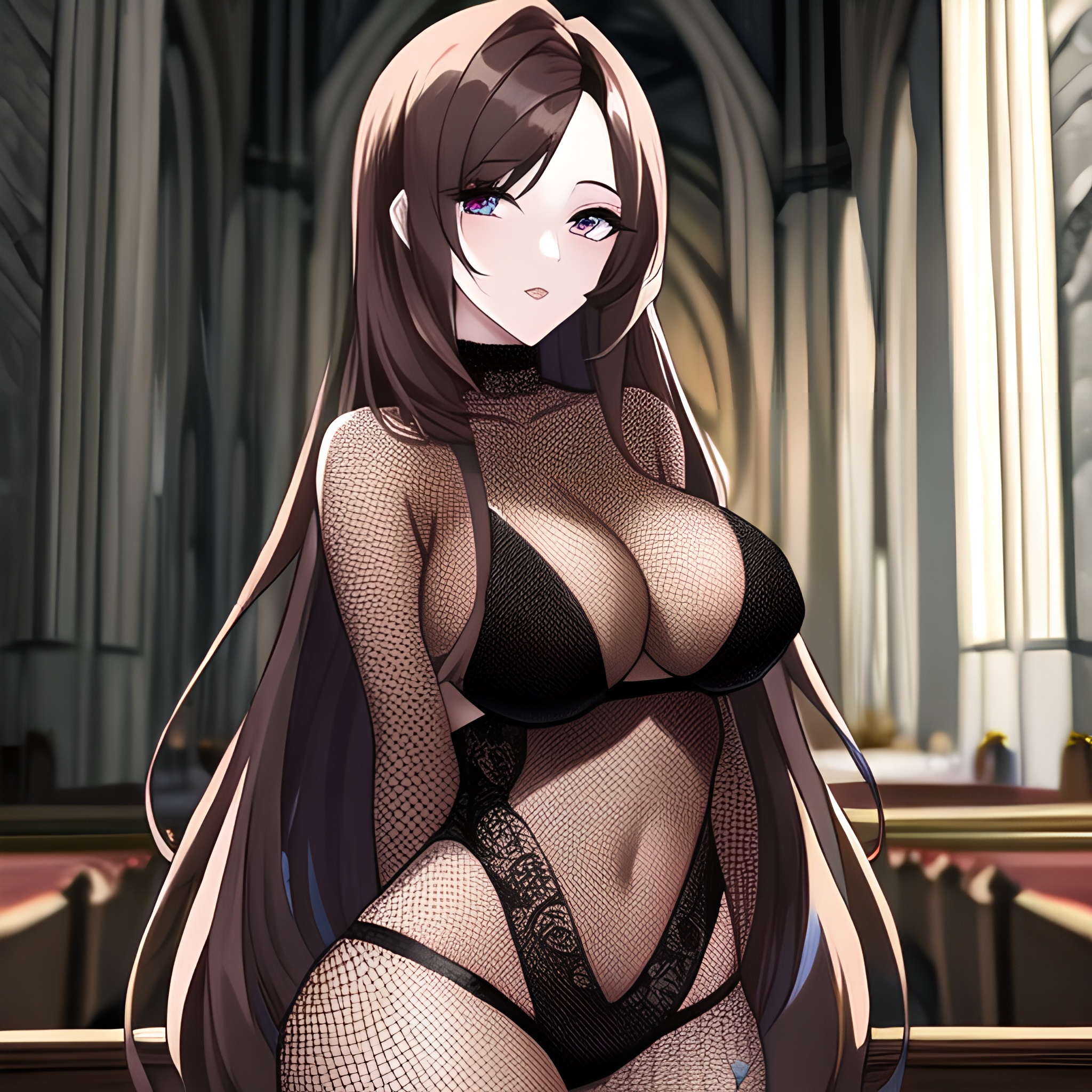 church woman fishnet brunette messy hair long hair 