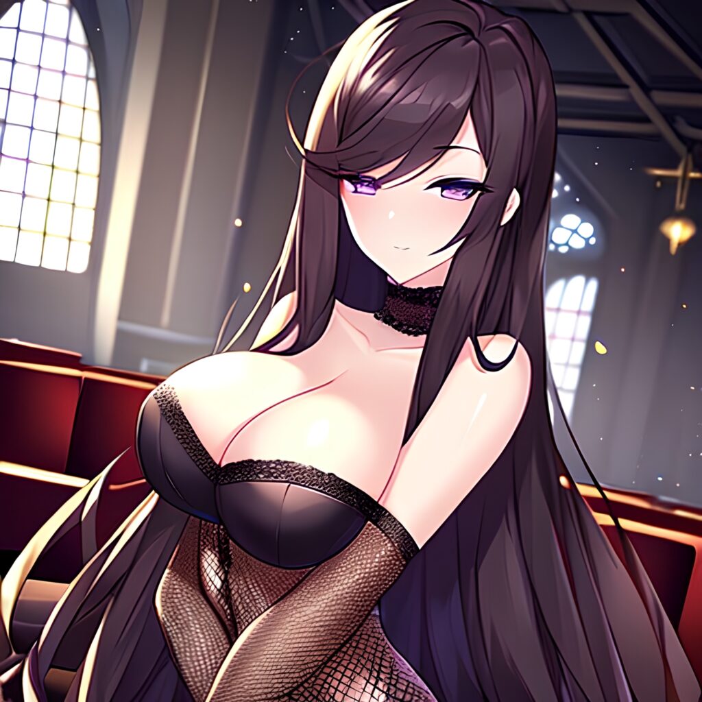 church woman fishnet brunette messy hair long hair 