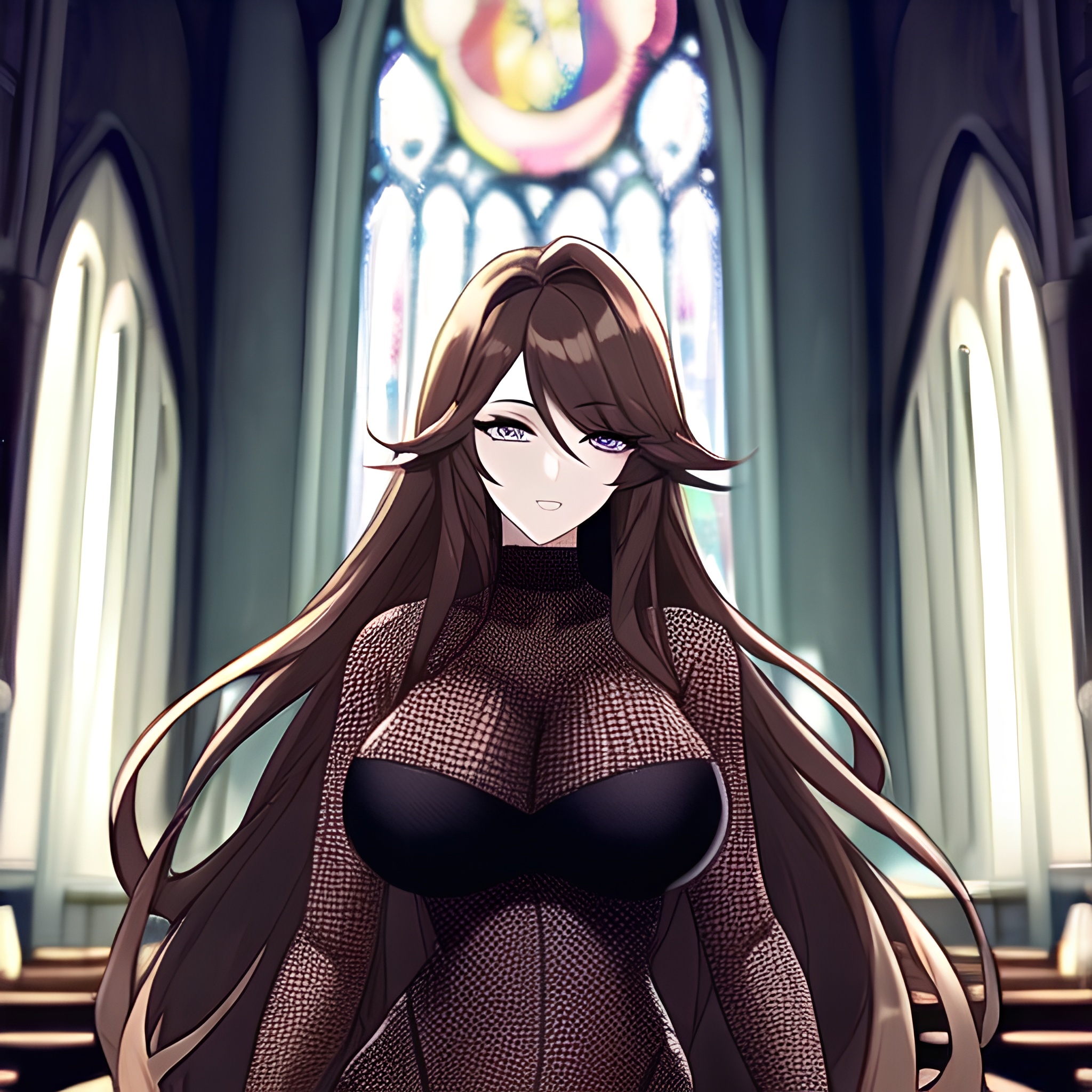 church woman fishnet brunette messy hair long hair 