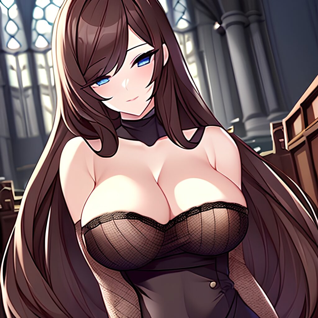 church woman fishnet brunette messy hair long hair 