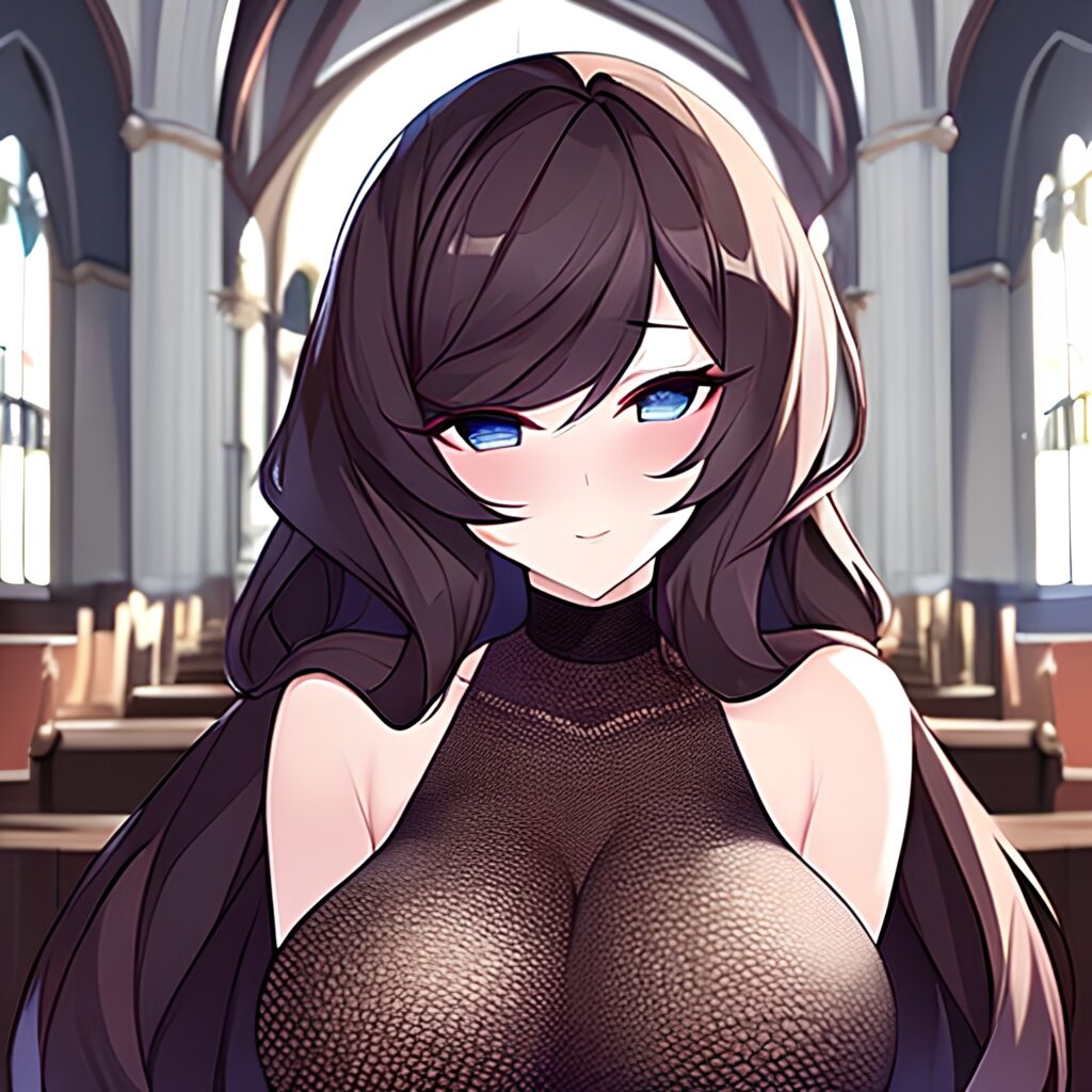 church woman fishnet brunette messy hair long hair 