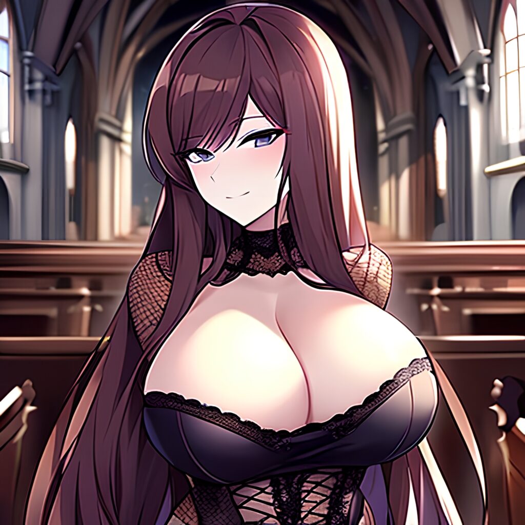 church woman fishnet brunette messy hair long hair 