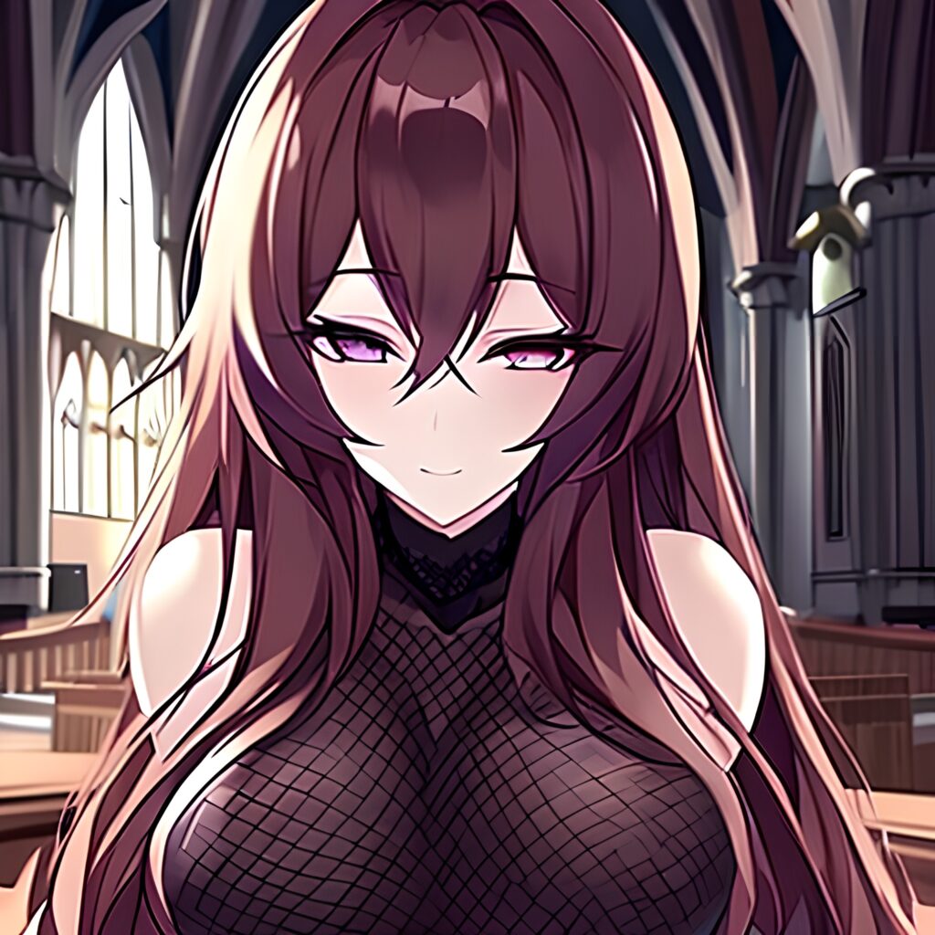 church woman fishnet brunette messy hair long hair