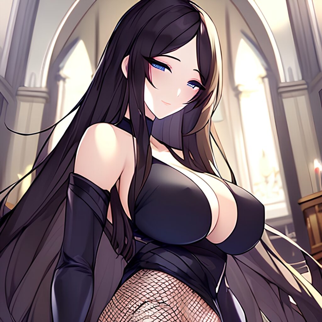church woman fishnet brunette messy hair long hair