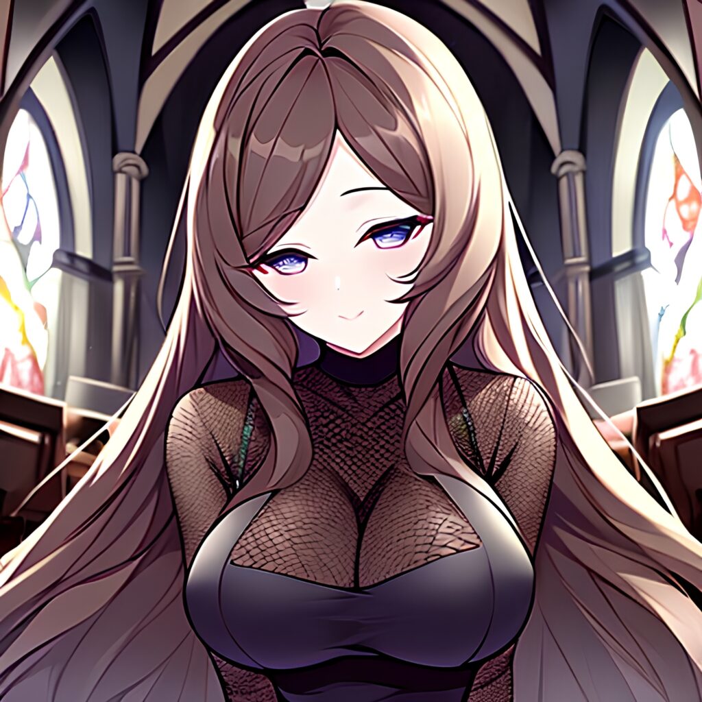 church woman fishnet brunette messy hair long hair