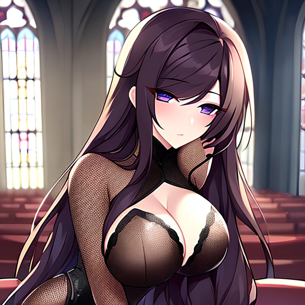 church woman fishnet long hair brunette messy hair 