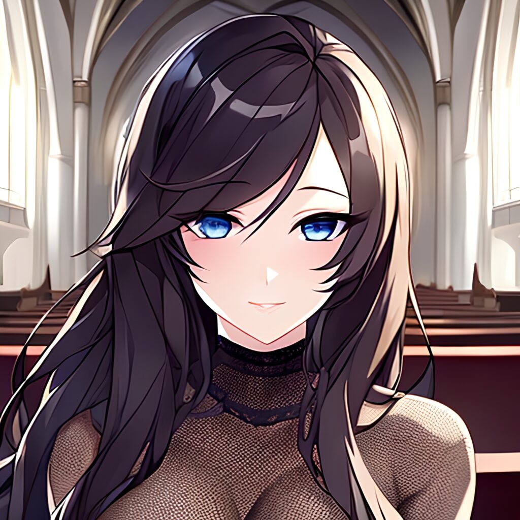 church woman fishnet long hair brunette messy hair
