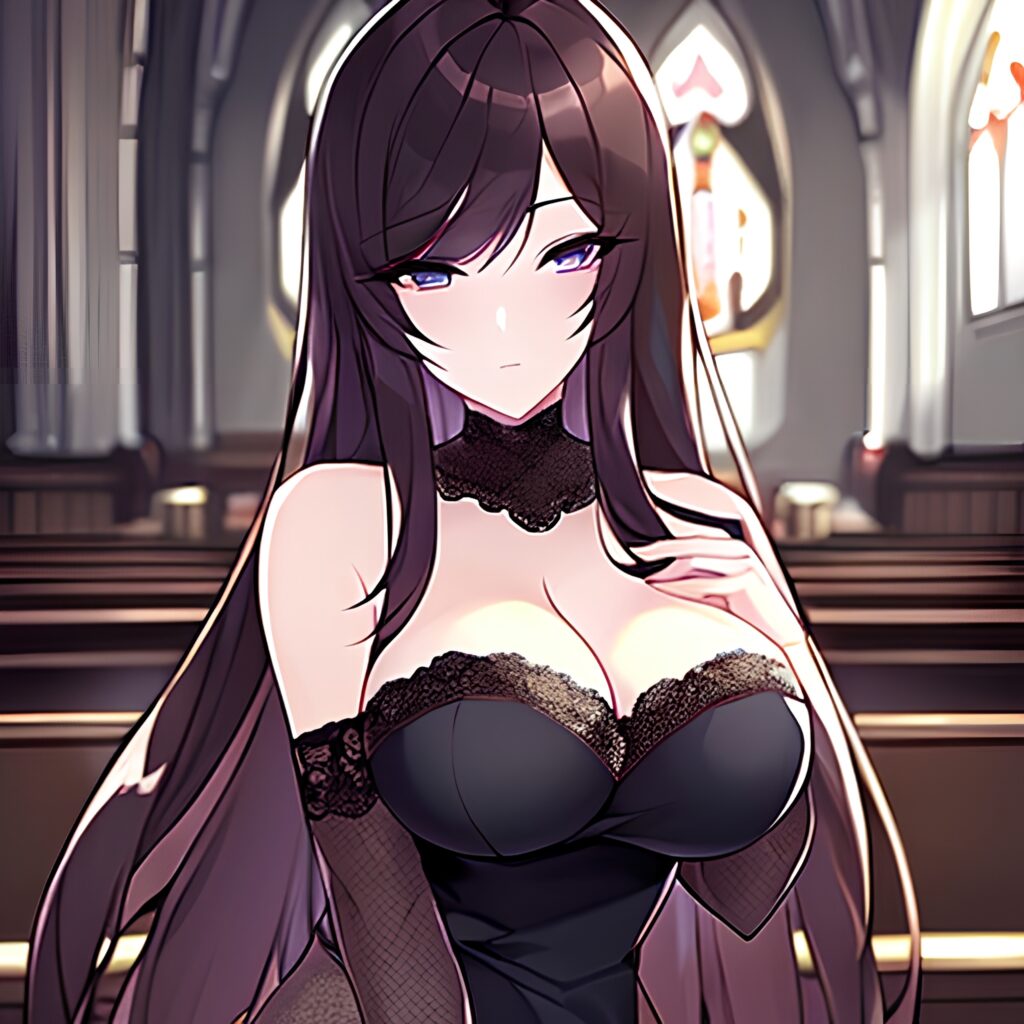 church woman fishnet long hair brunette messy hair 