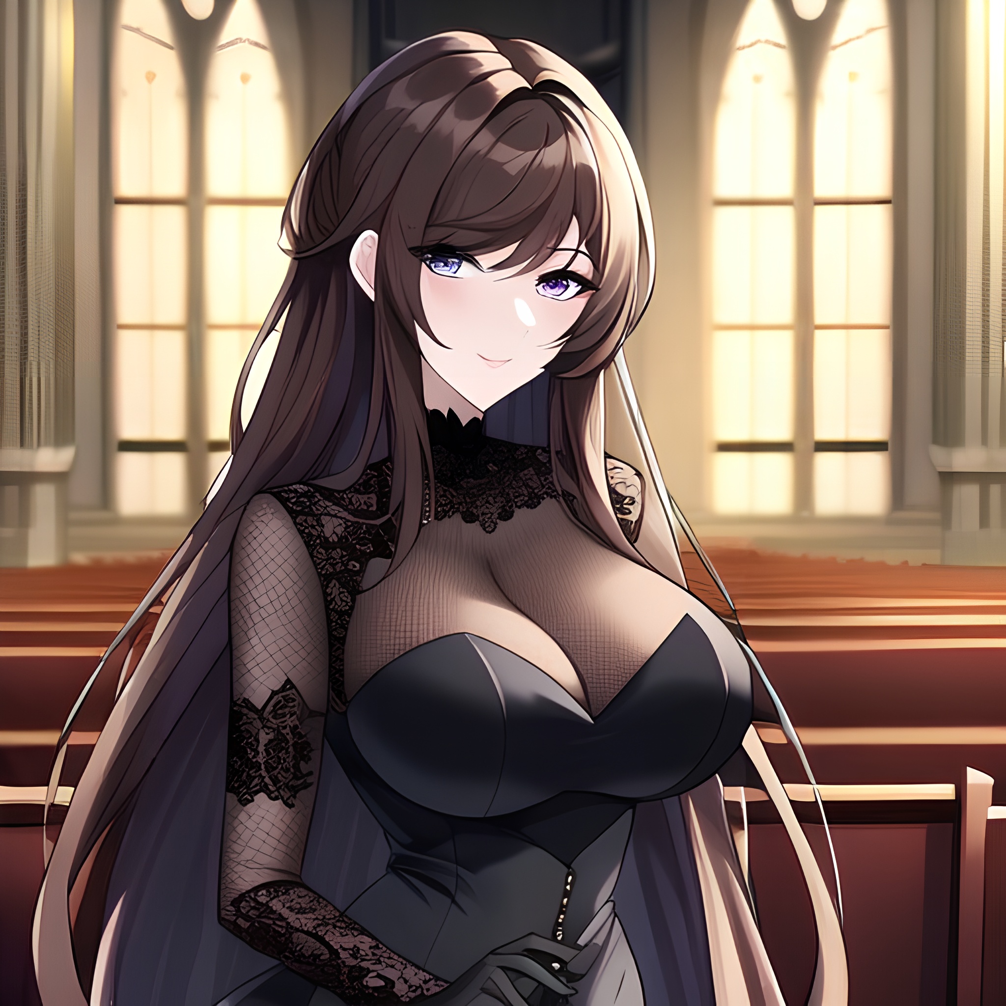 church woman fishnet long hair brunette messy hair 