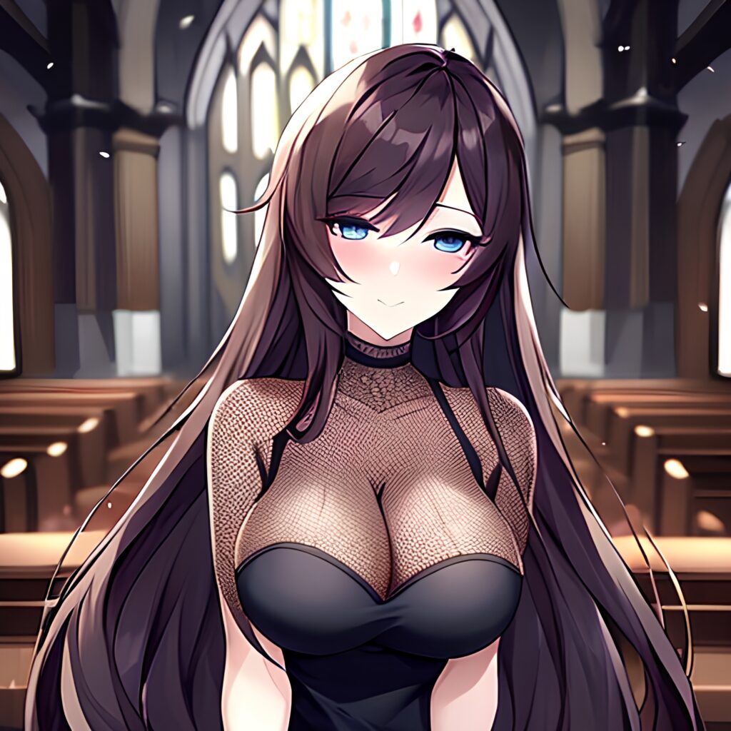 church woman fishnet long hair brunette messy hair 