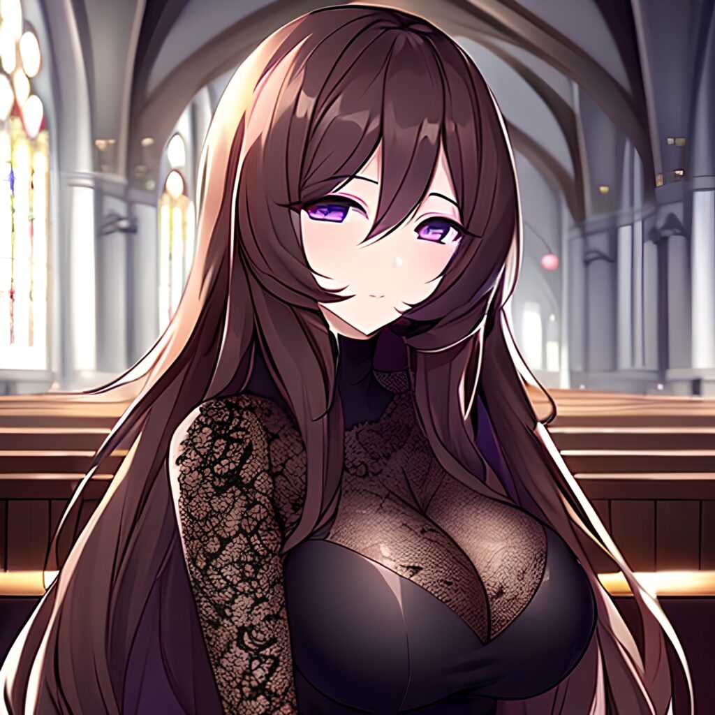 church woman fishnet long hair brunette messy hair