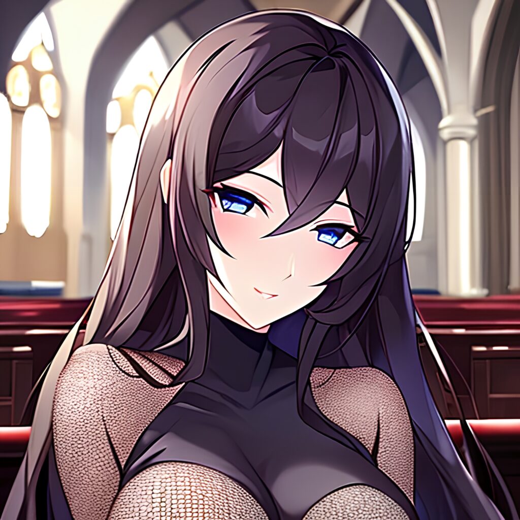 church woman fishnet long hair messy hair brunette 