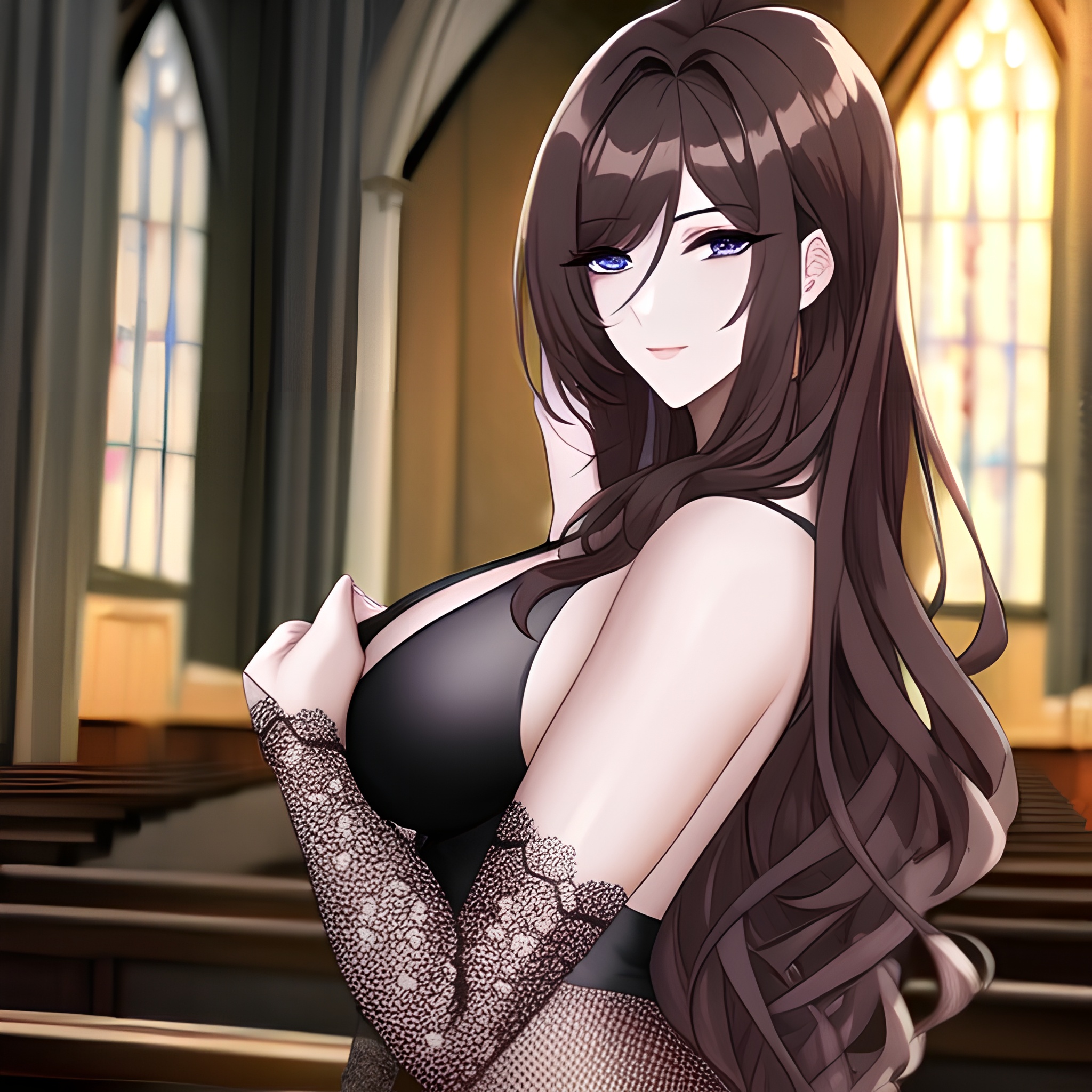 church woman fishnet long hair messy hair brunette