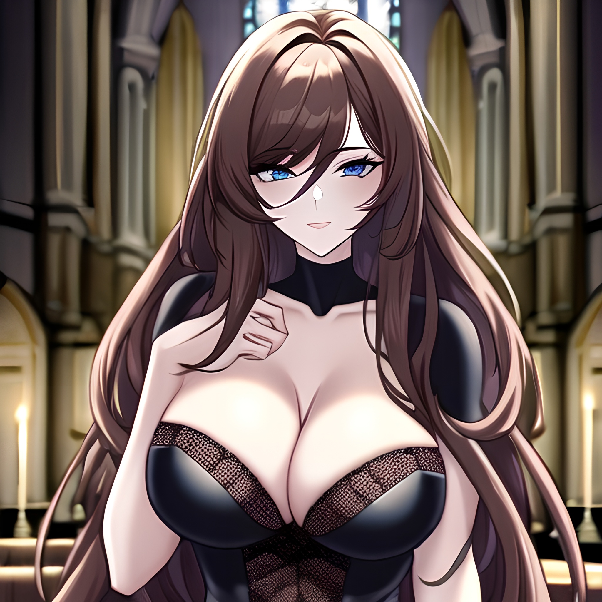 church woman fishnet long hair messy hair brunette