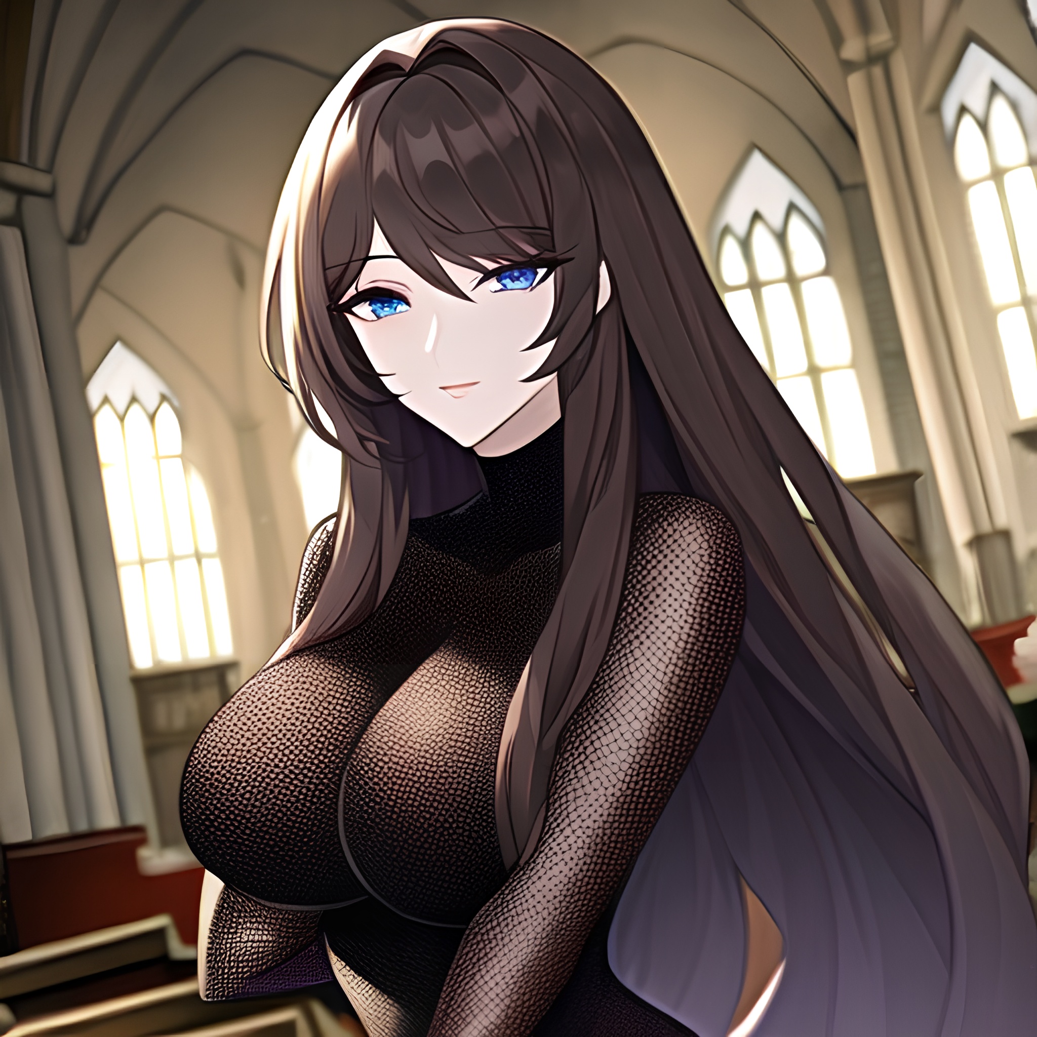 church woman fishnet long hair messy hair brunette