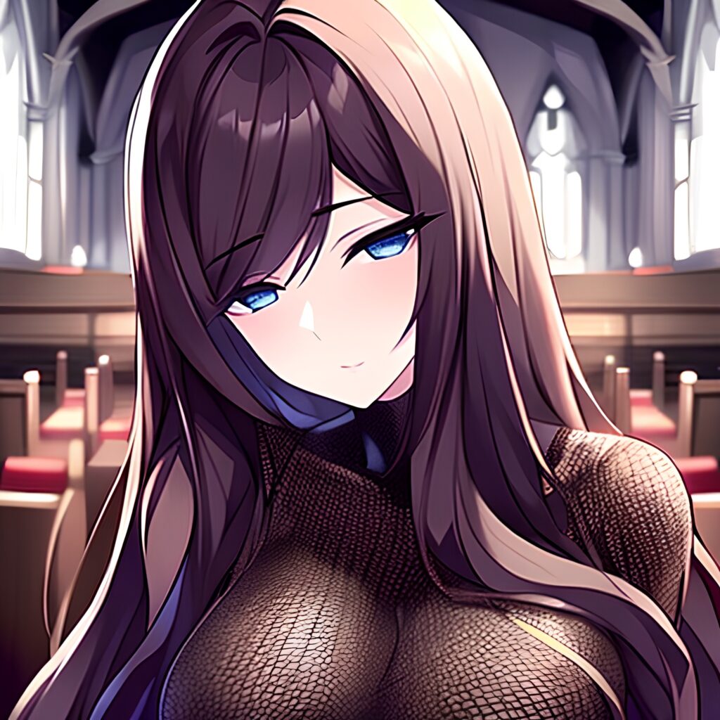church woman fishnet long hair messy hair brunette