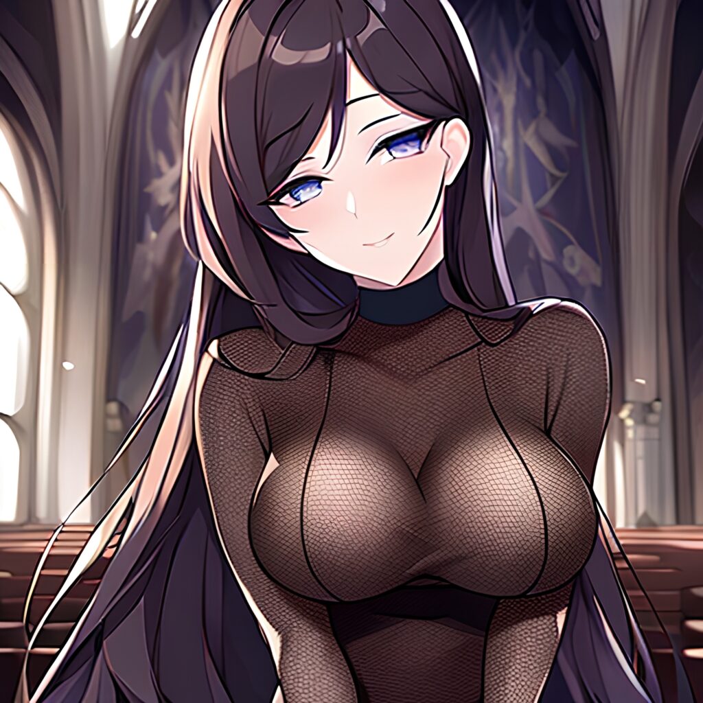 church woman fishnet long hair messy hair brunette 