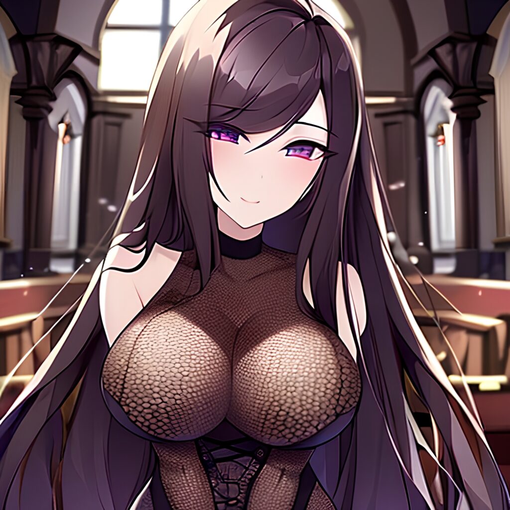 church woman fishnet long hair messy hair brunette 