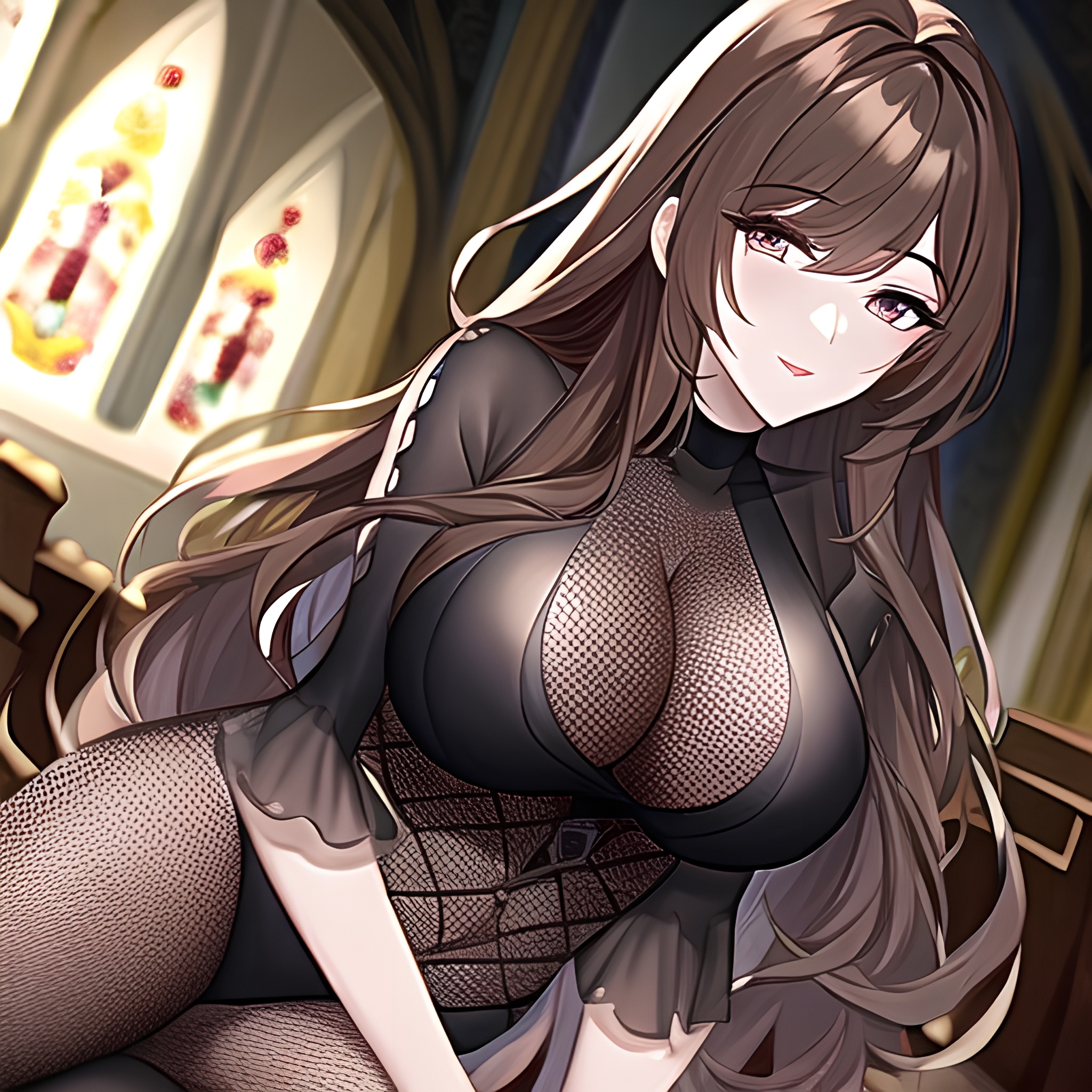 church woman fishnet long hair messy hair brunette 