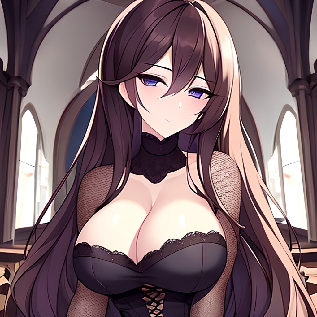 church woman fishnet messy hair brunette long hair