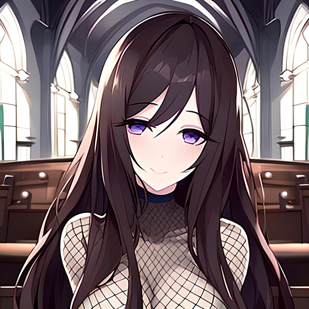 church woman fishnet messy hair brunette long hair