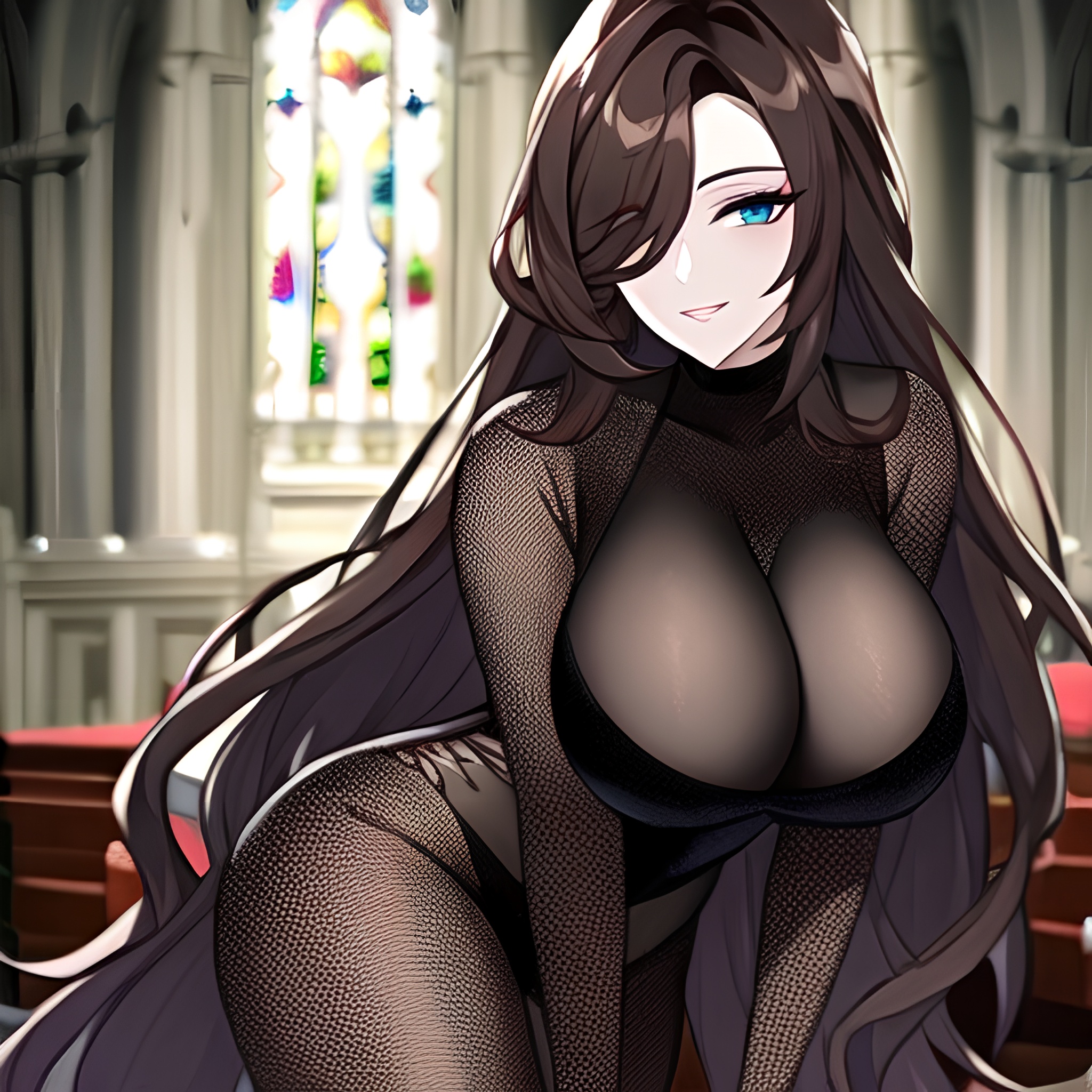 church woman fishnet messy hair brunette long hair