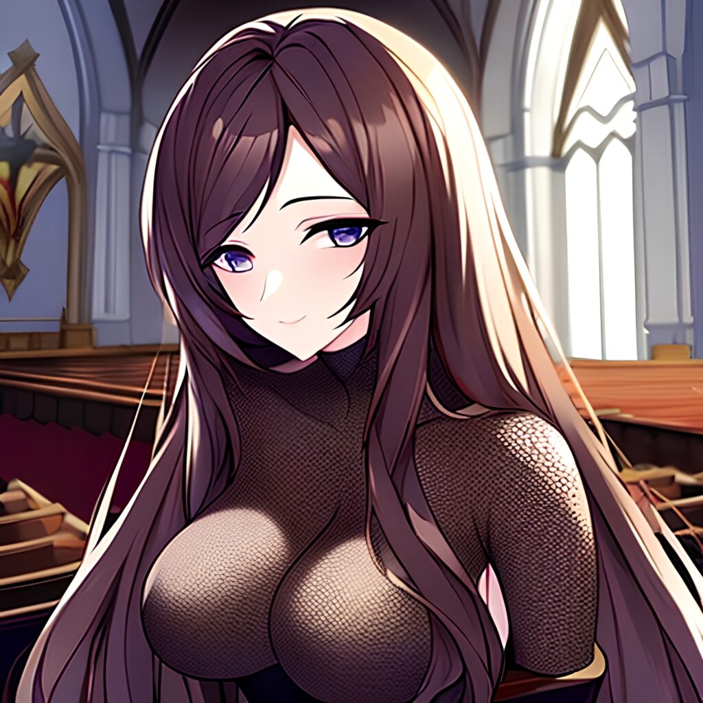 church woman fishnet messy hair brunette long hair 