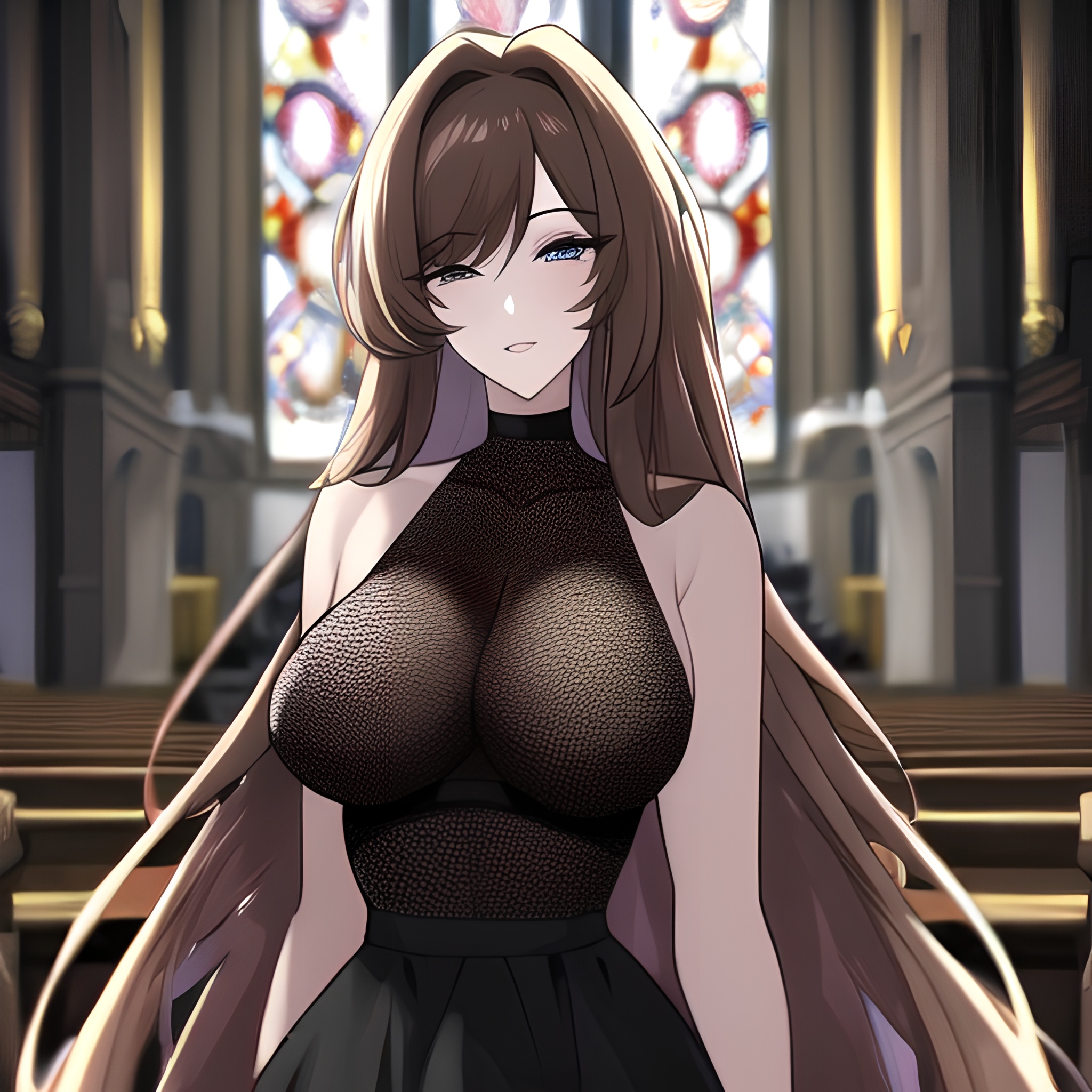 church woman fishnet messy hair long hair brunette 