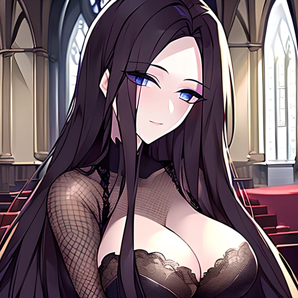 church woman fishnet messy hair long hair brunette 