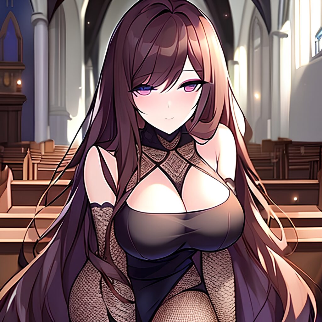 church woman fishnet messy hair long hair brunette 