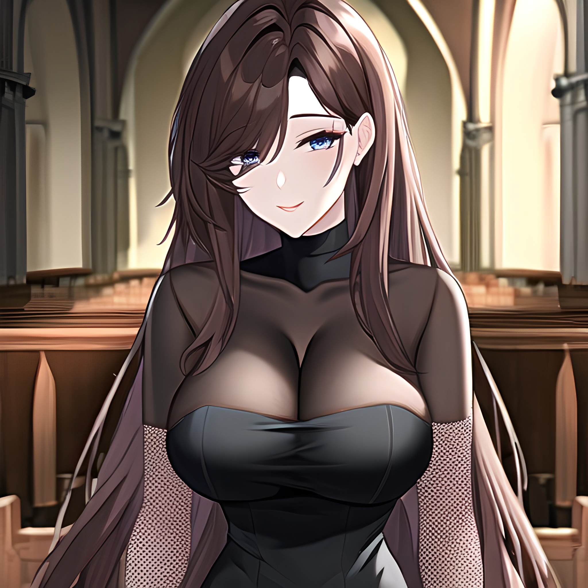 church woman fishnet messy hair long hair brunette 
