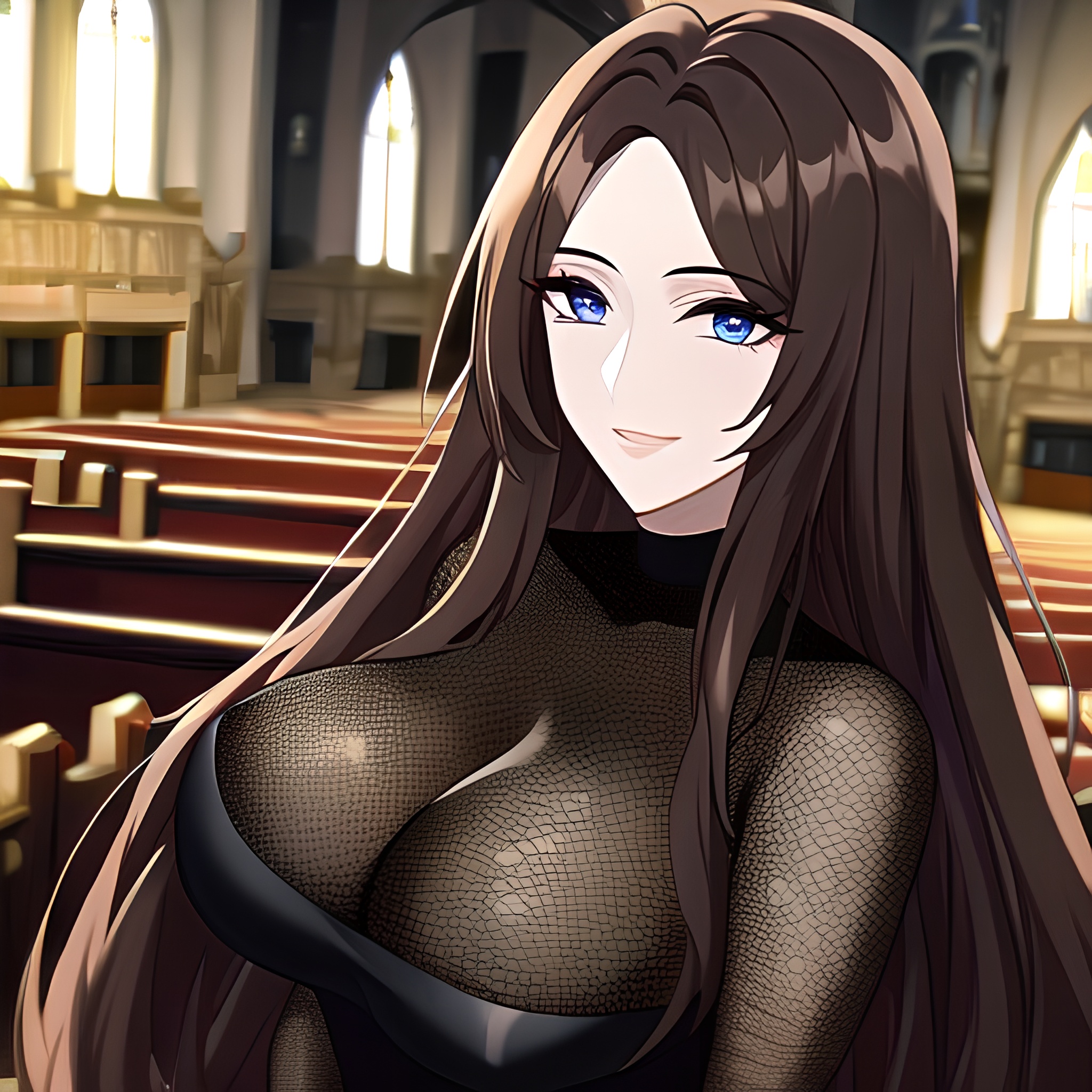 church woman long hair brunette fishnet messy hair