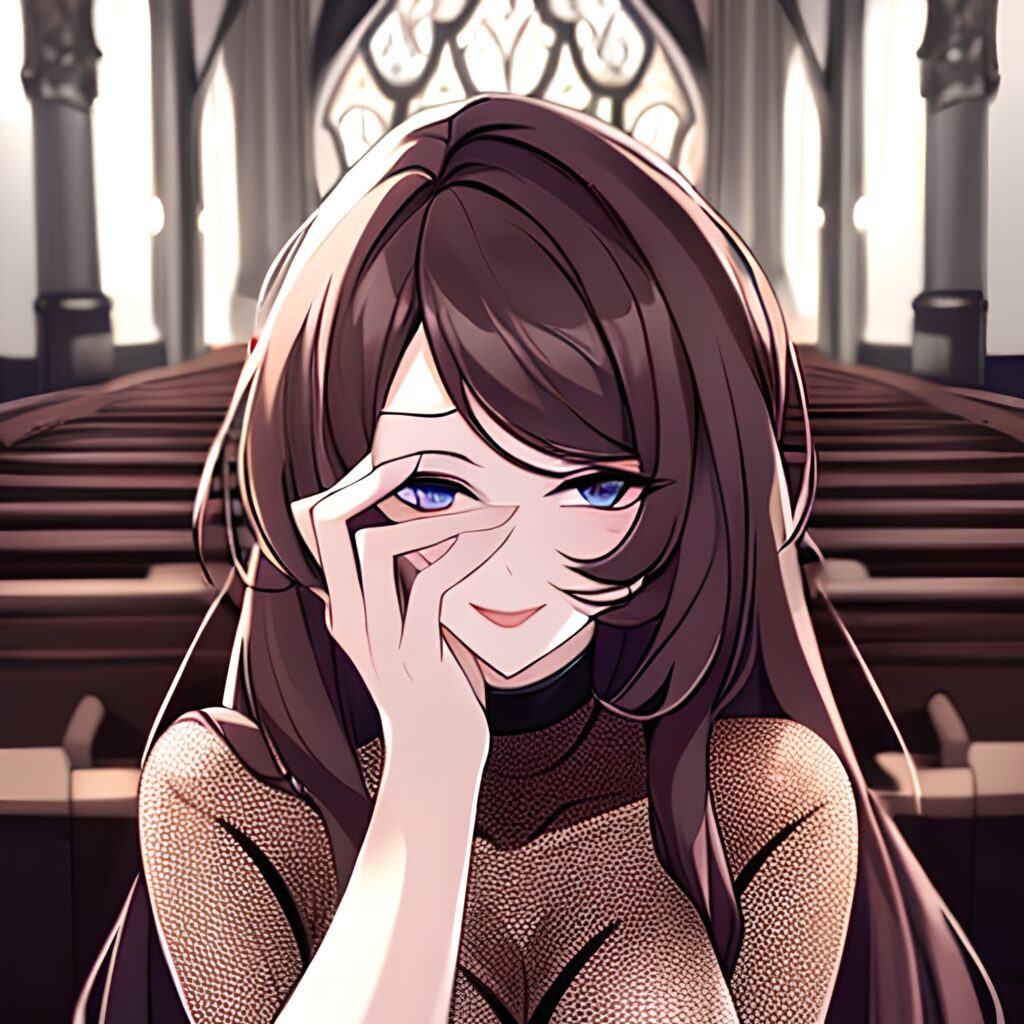 church woman long hair brunette fishnet messy hair 