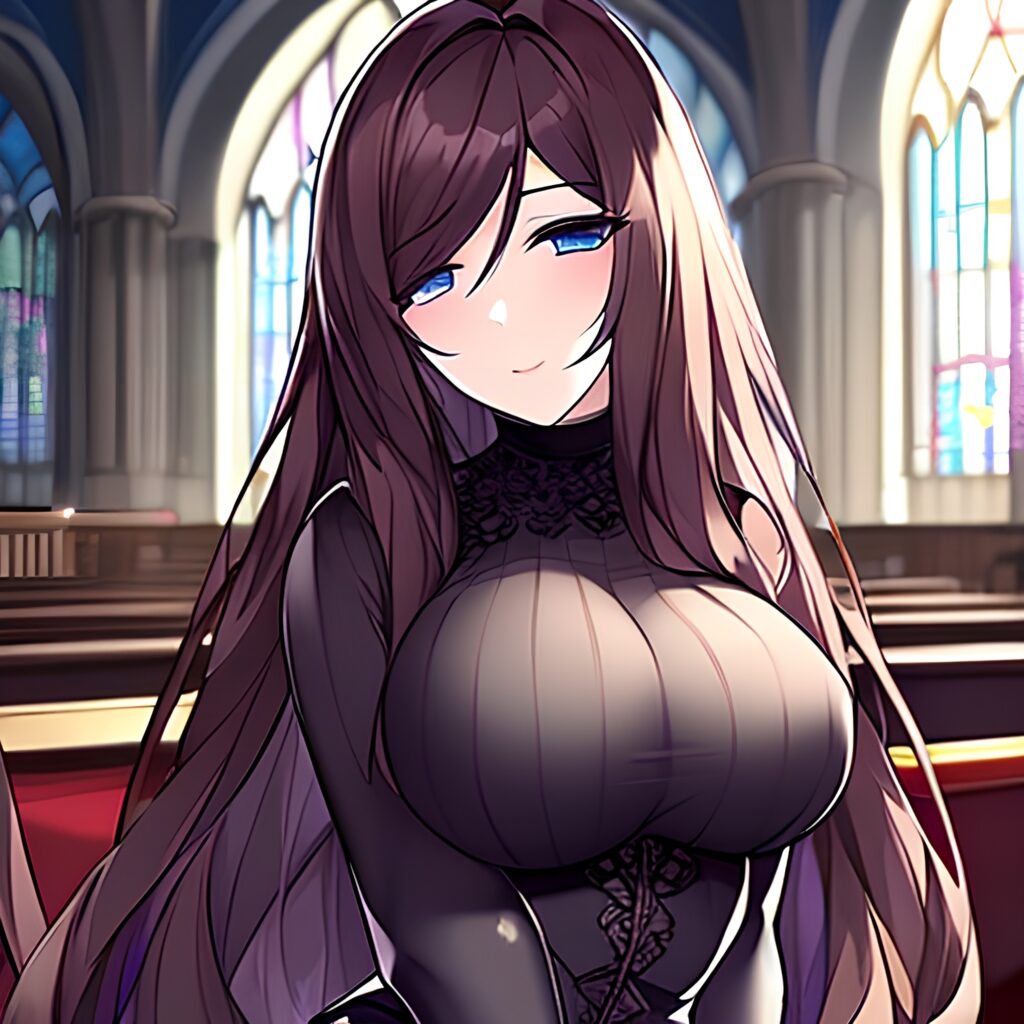 church woman long hair brunette fishnet messy hair 