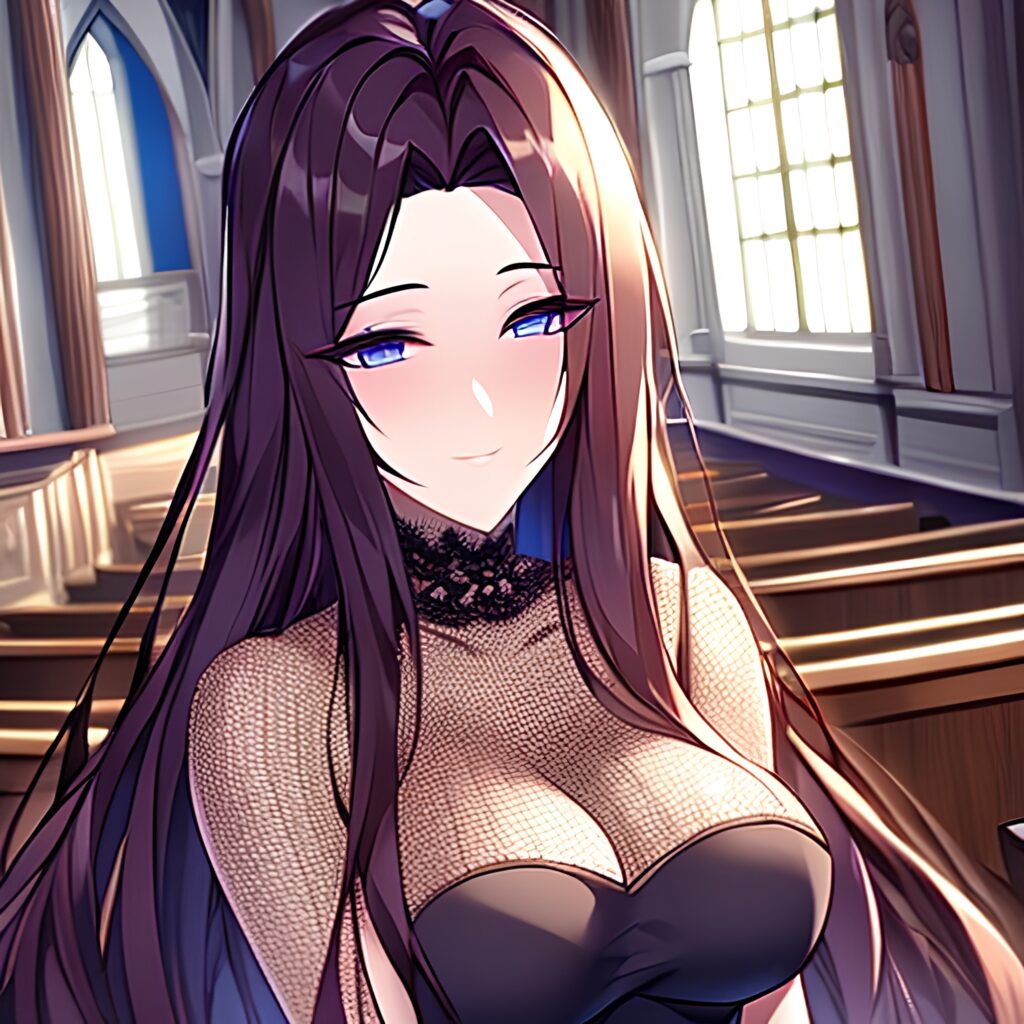 church woman long hair brunette messy hair fishnet