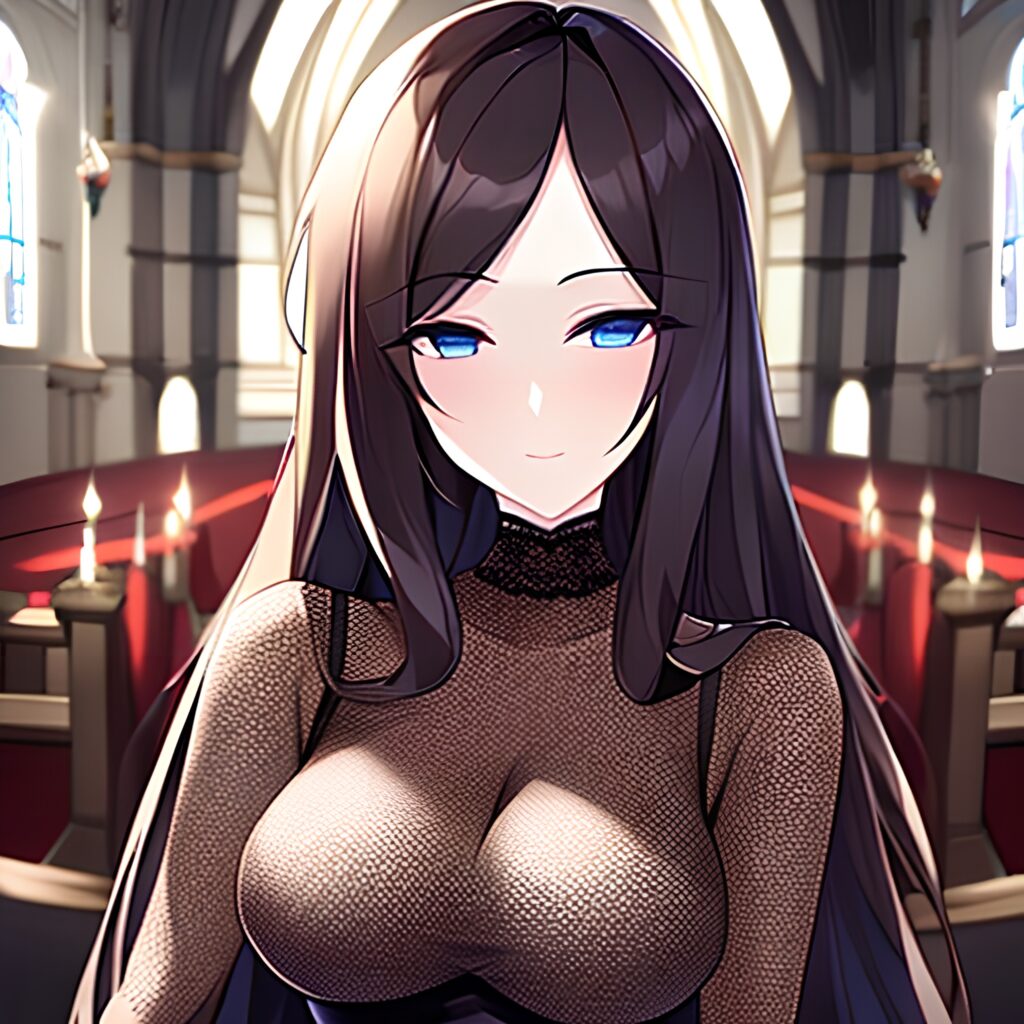 church woman long hair brunette messy hair fishnet 