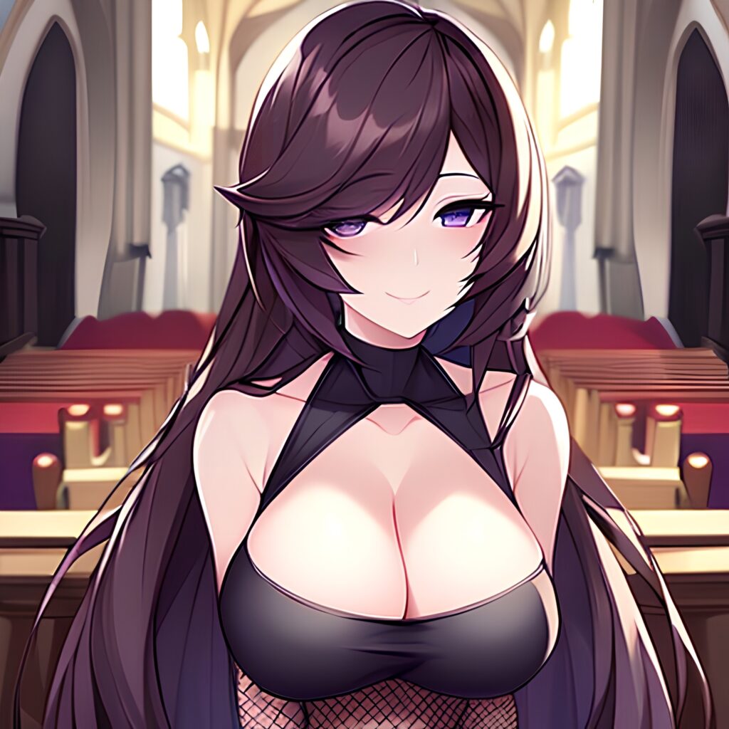 church woman long hair brunette messy hair fishnet 