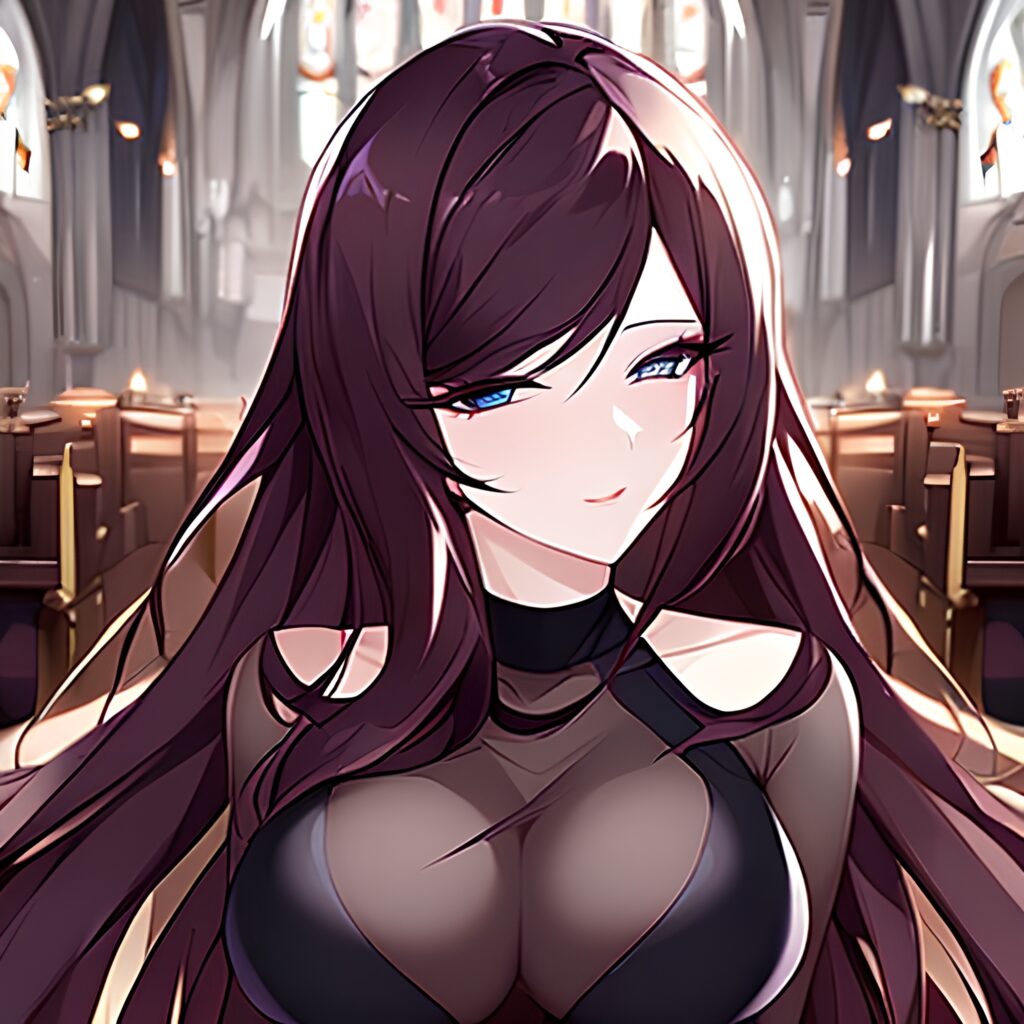 church woman long hair brunette messy hair fishnet 