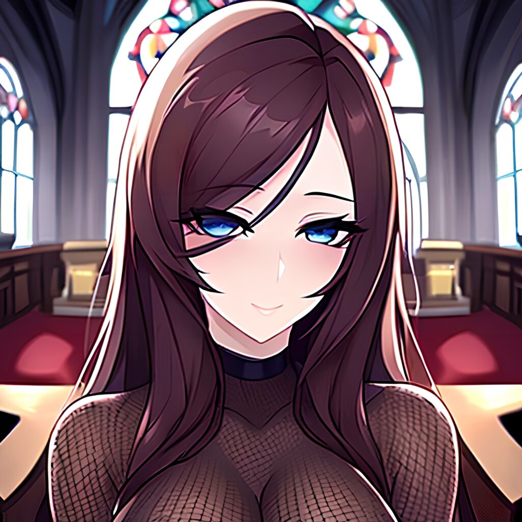 church woman long hair brunette messy hair fishnet