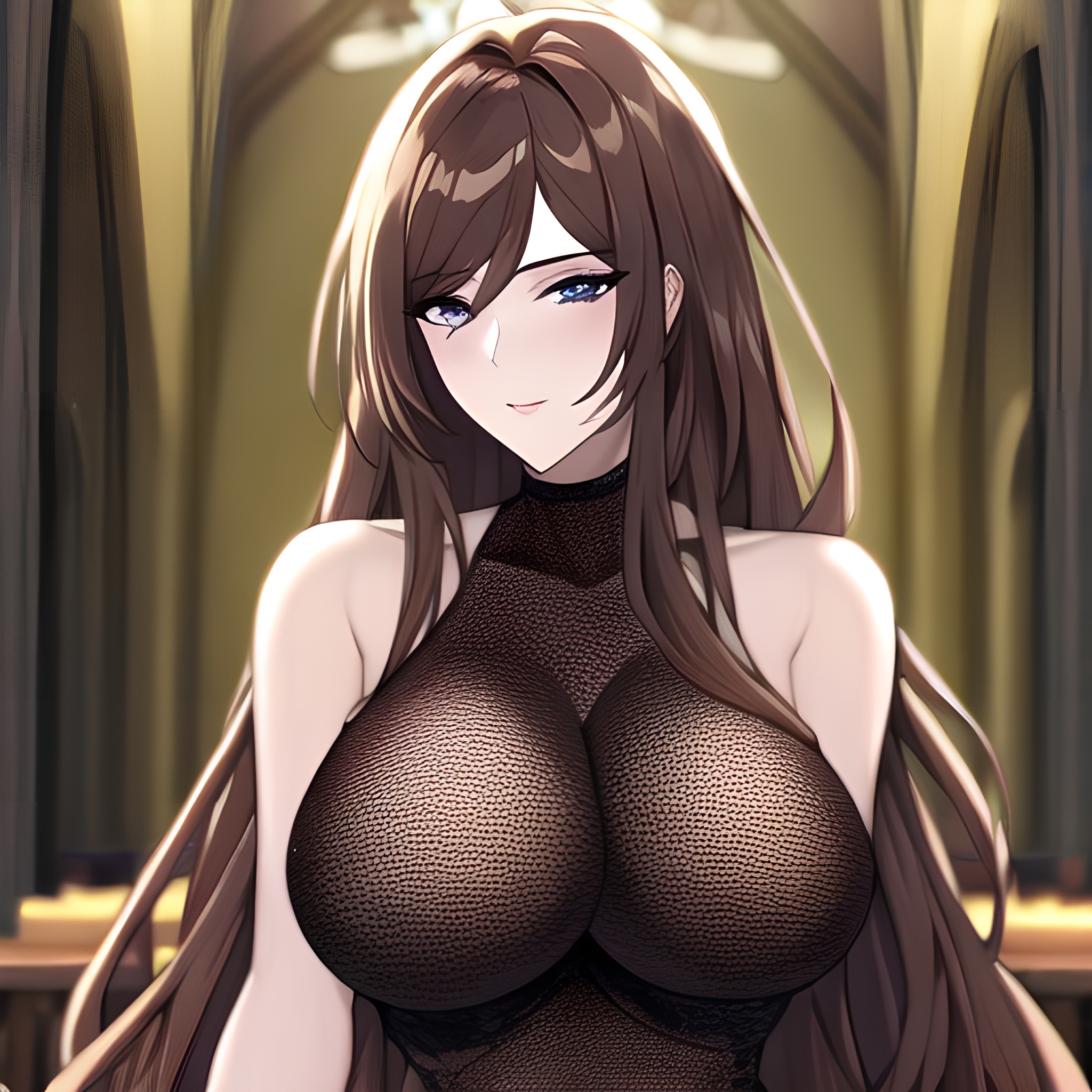 church woman long hair fishnet brunette messy hair 