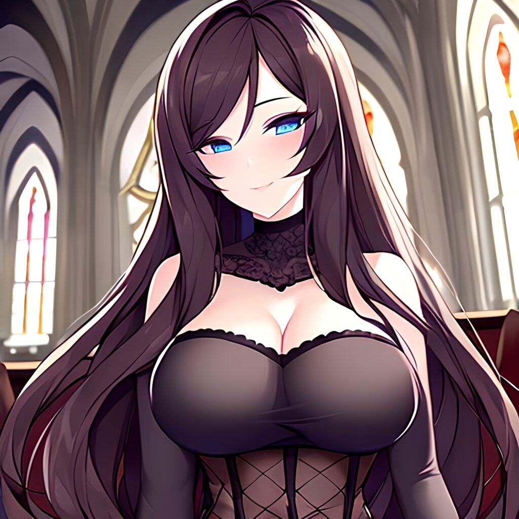 church woman long hair fishnet brunette messy hair 