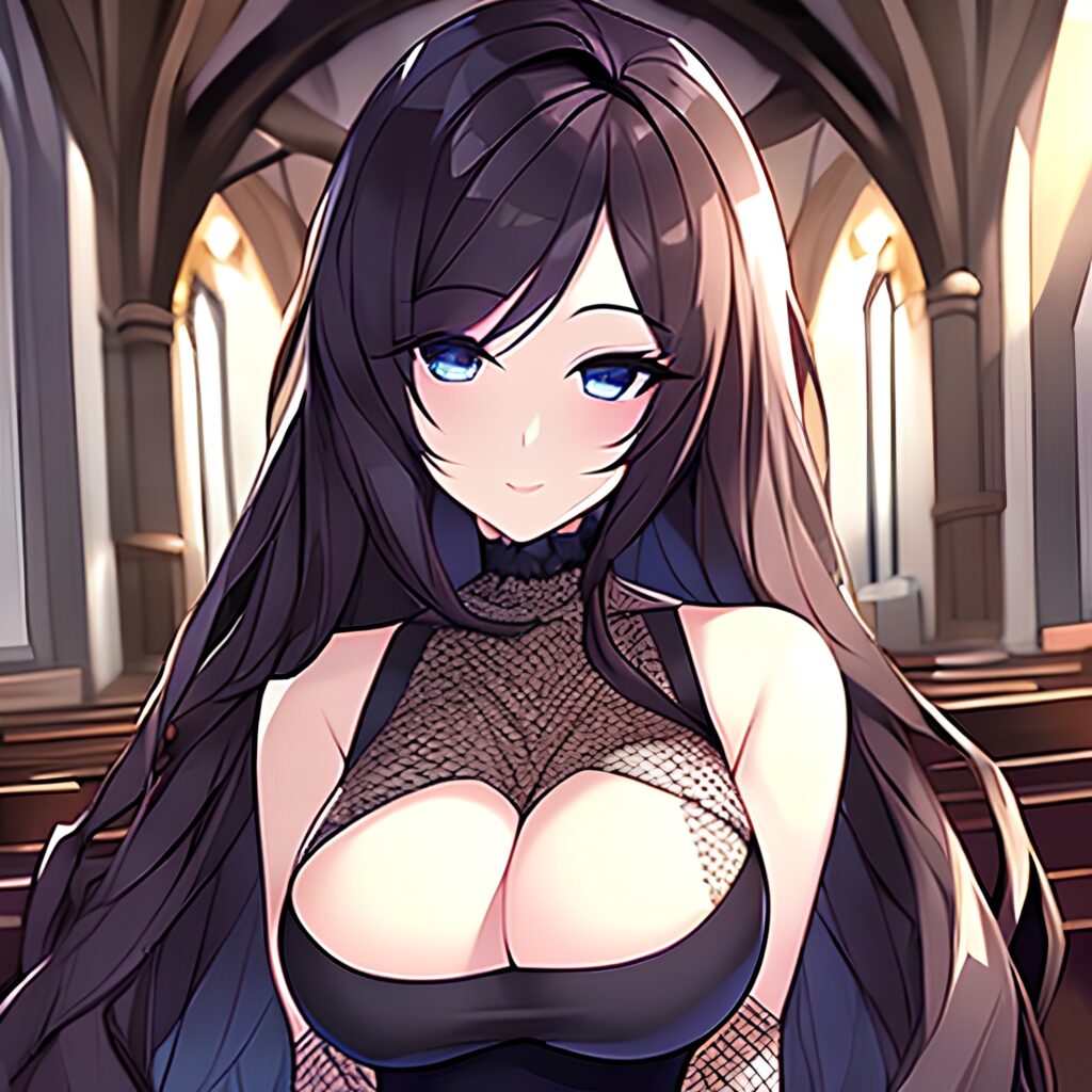 church woman long hair fishnet brunette messy hair
