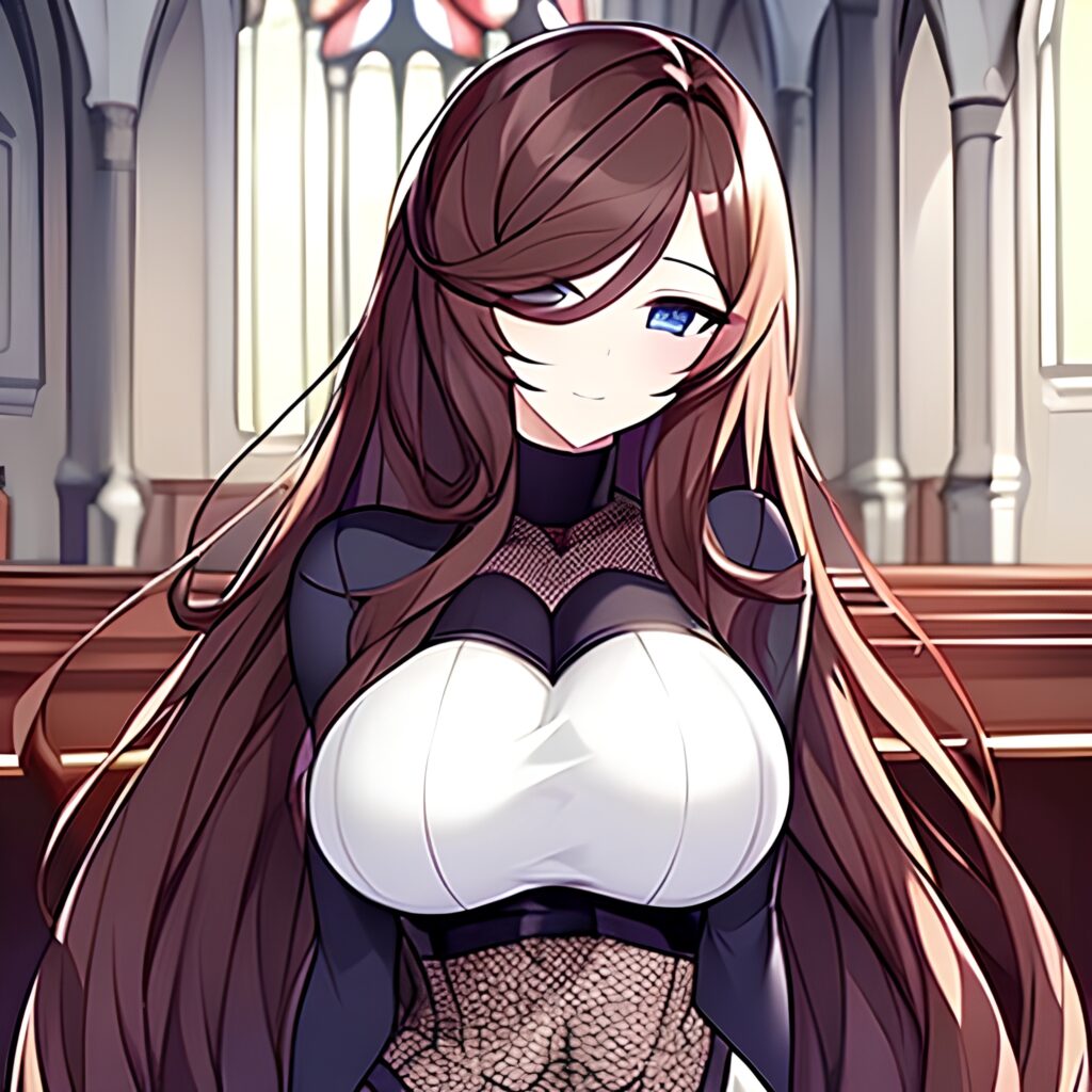 church woman long hair fishnet brunette messy hair