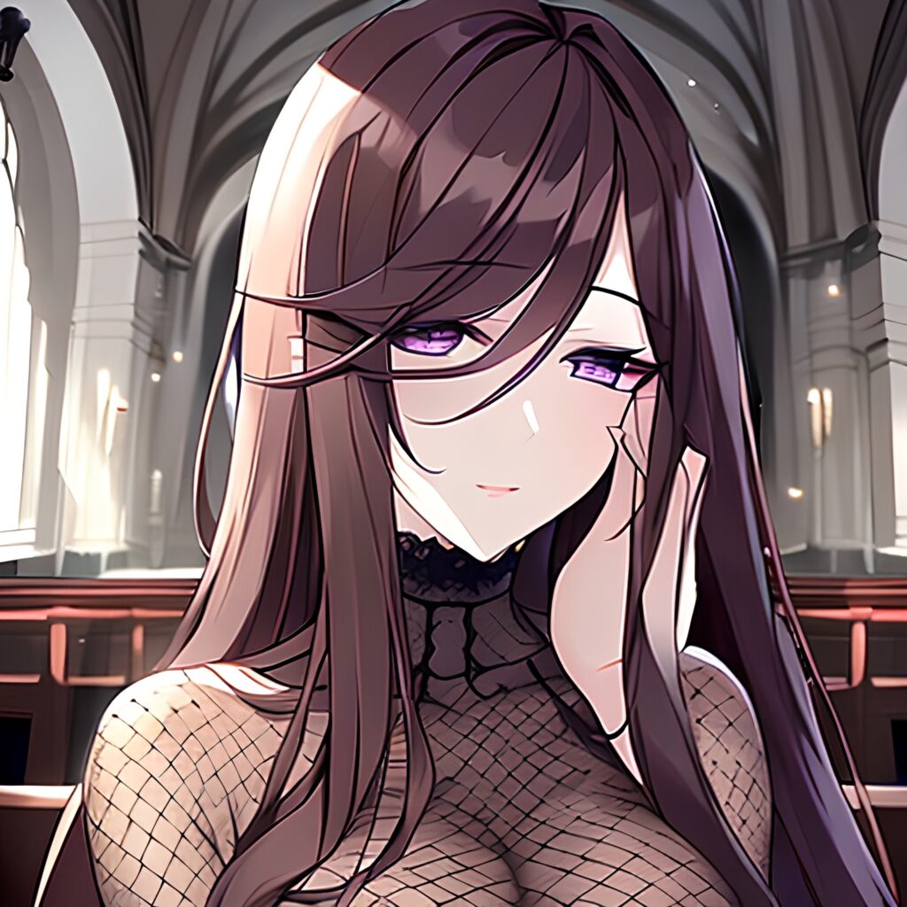 church woman long hair fishnet messy hair brunette 