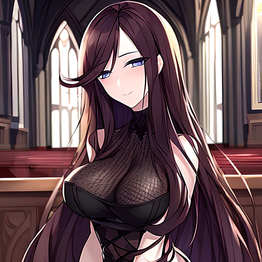 church woman long hair fishnet messy hair brunette