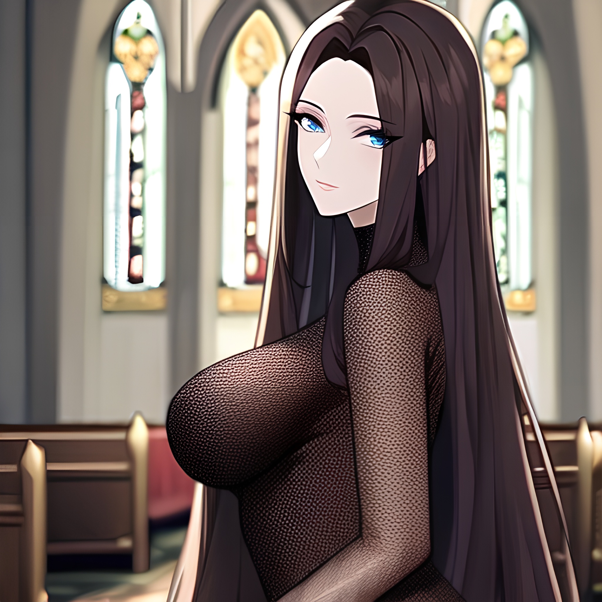 church woman long hair fishnet messy hair brunette 