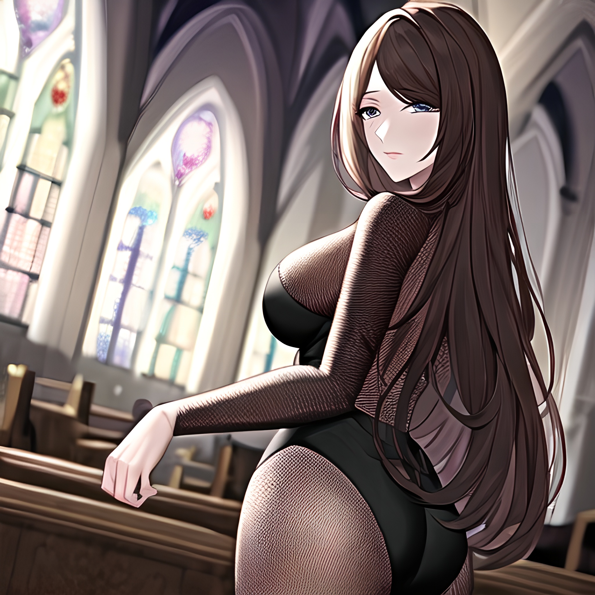 church woman long hair fishnet messy hair brunette 