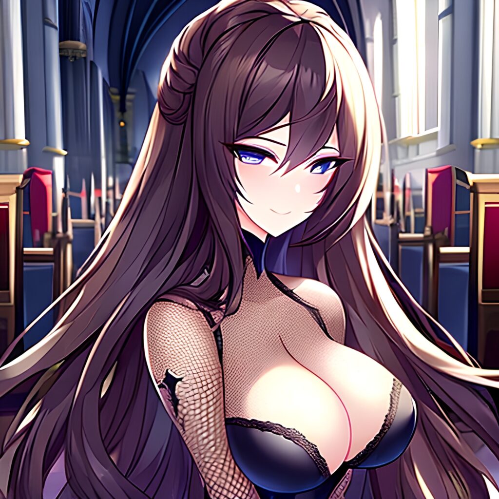 church woman long hair fishnet messy hair brunette 